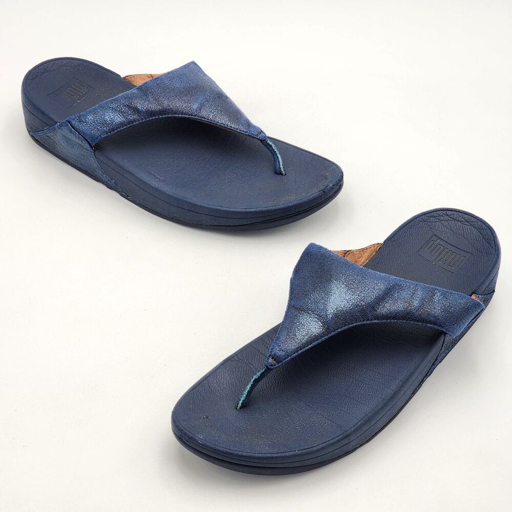 FitFlop Lulu Toe-Post Flip Flops Platform Sandals Metallic Cosmic Blue Size 11